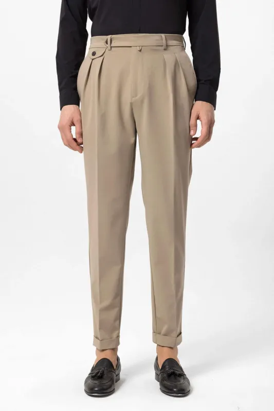 Men's Beige Pleated High-Waisted  Pants - Wessi sold by Wessi