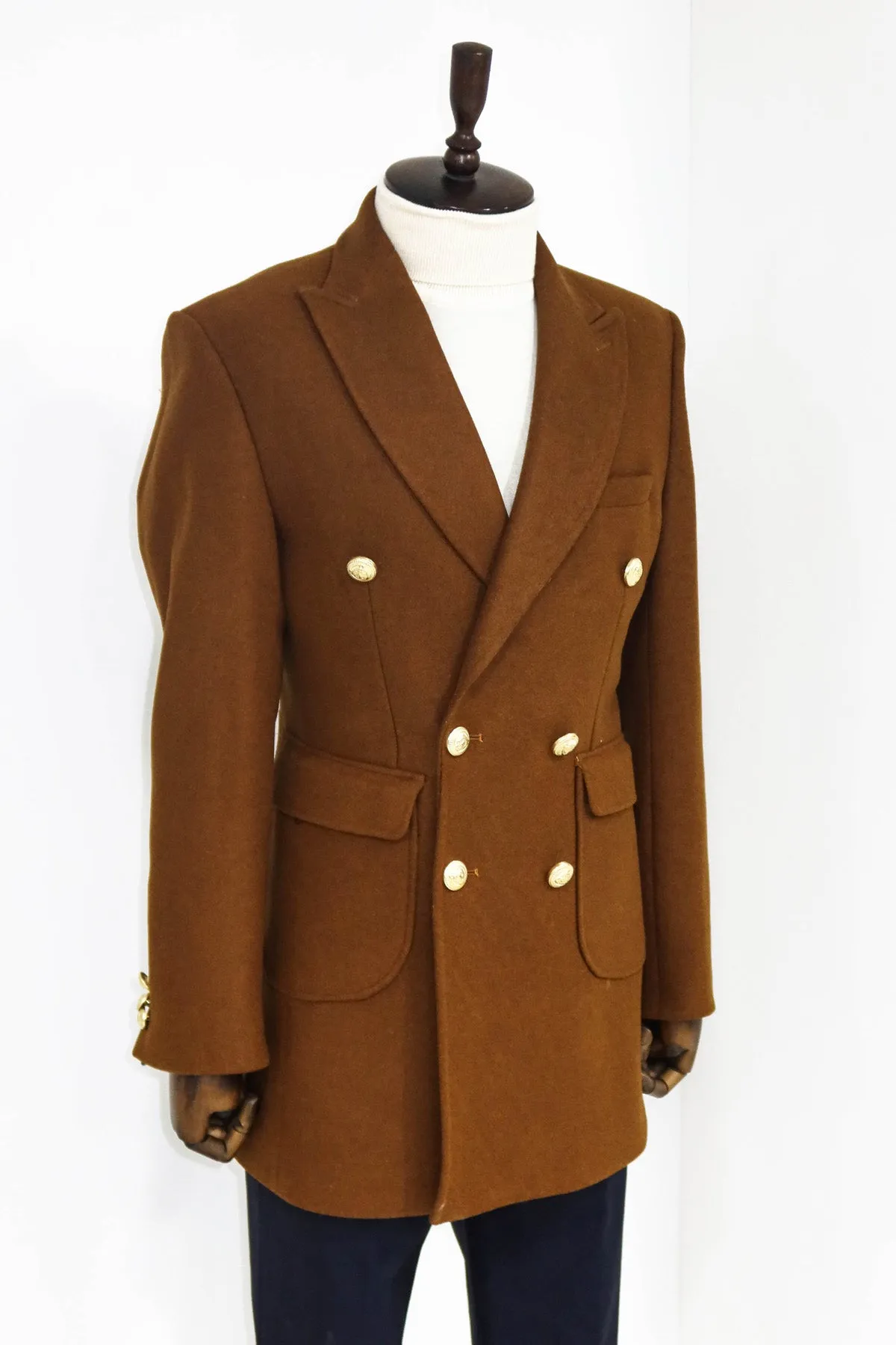 Metal Buttoned Double Breasted Tan Men Coat - Wessi sold by Wessi product image thumbnail 3
