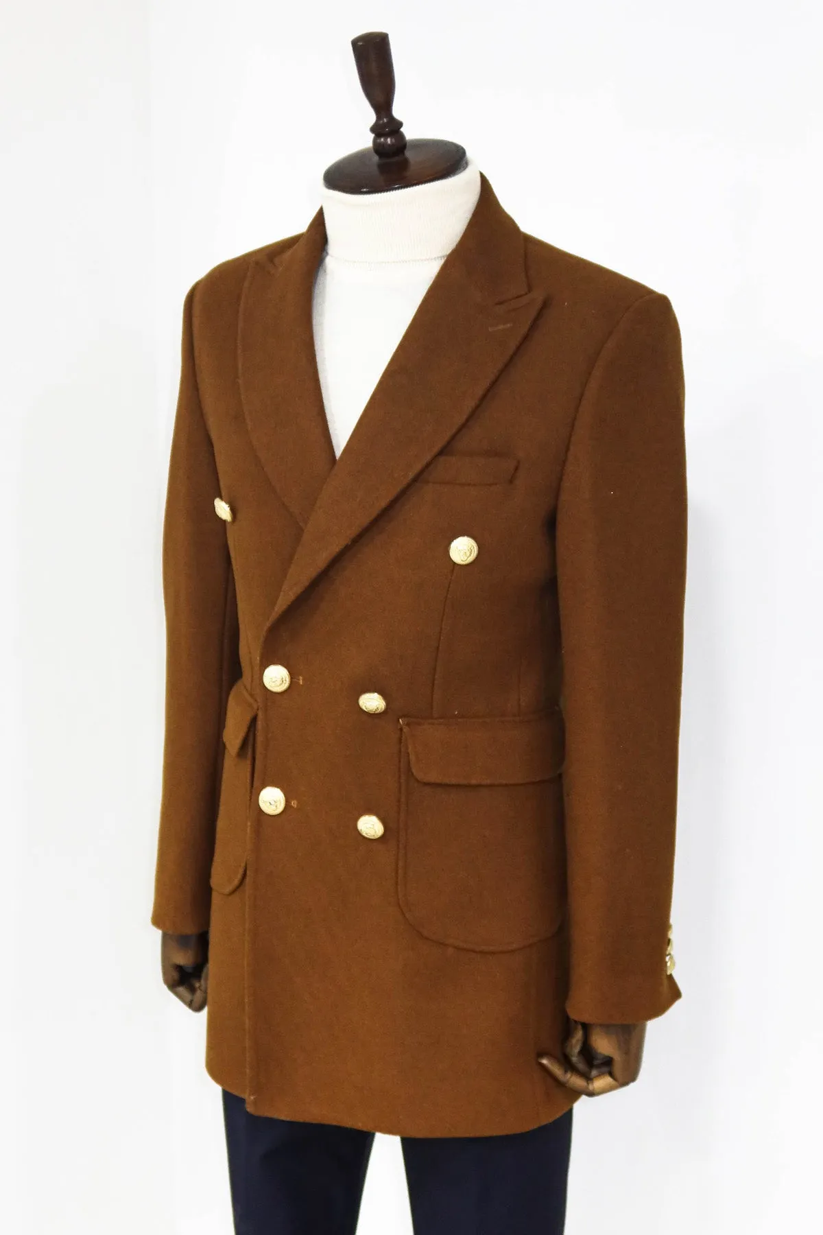Metal Buttoned Double Breasted Tan Men Coat - Wessi sold by Wessi product image thumbnail 2