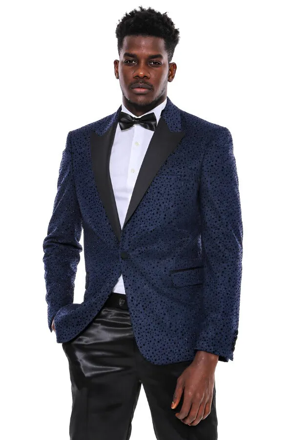 Shiny Dot Patterned Navy Blue Men Party Blazer - Wessi sold by Wessi