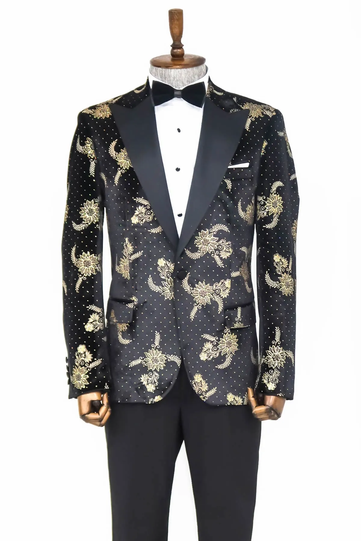 Dot Floral Patterned Velvet Black Men Stage Tuxedo Blazer - Wessi sold by Wessi product image thumbnail 3