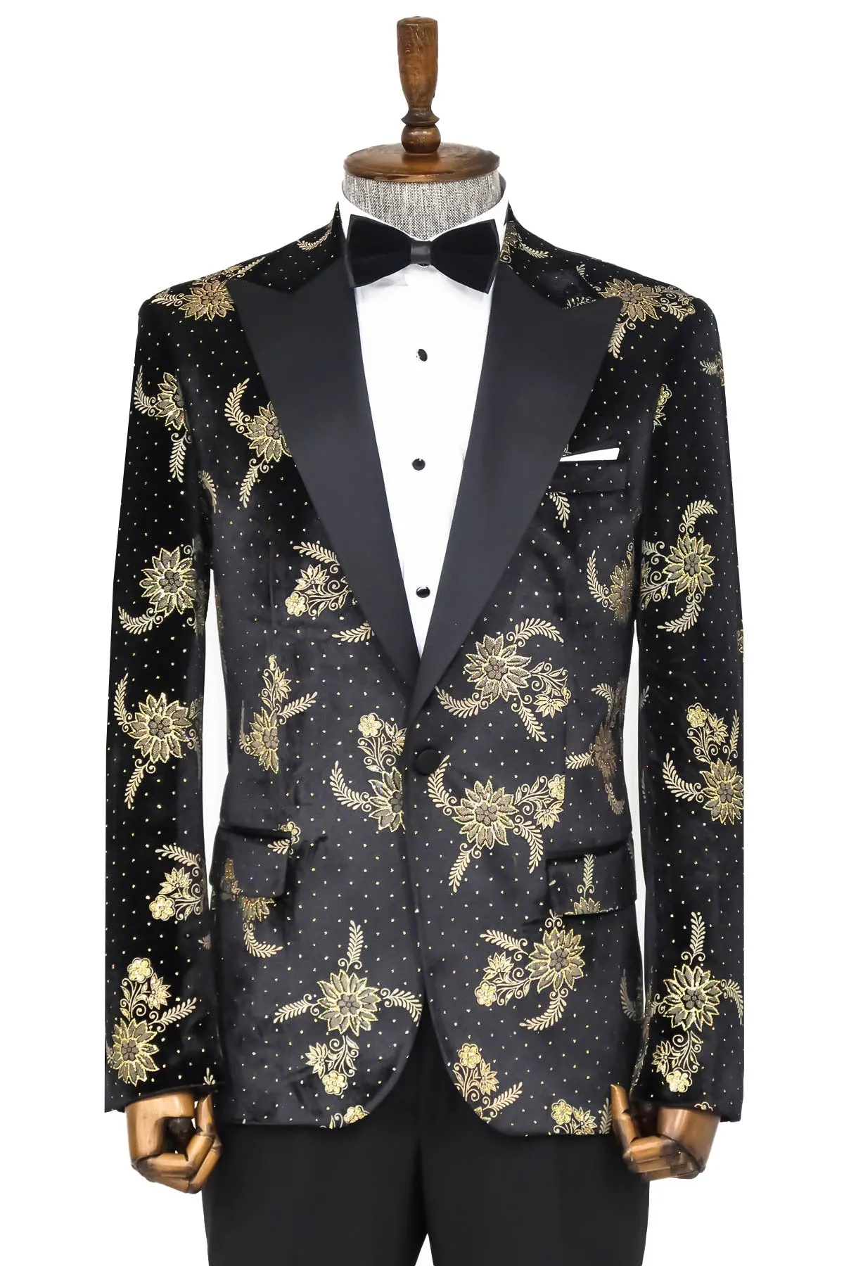 Dot Floral Patterned Velvet Black Men Stage Tuxedo Blazer - Wessi sold by Wessi