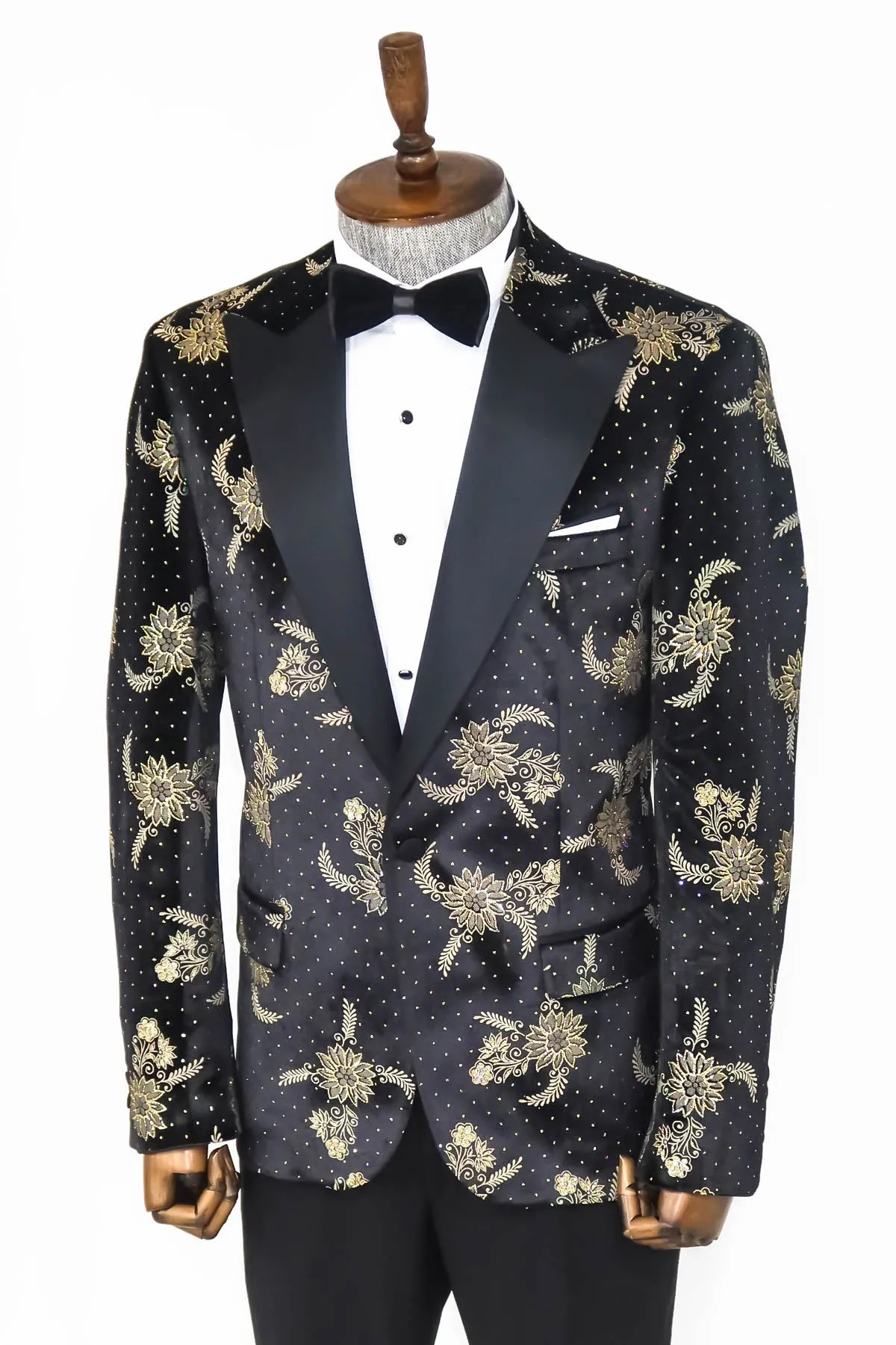 Dot Floral Patterned Velvet Black Men Stage Tuxedo Blazer - Wessi sold by Wessi product image thumbnail 5