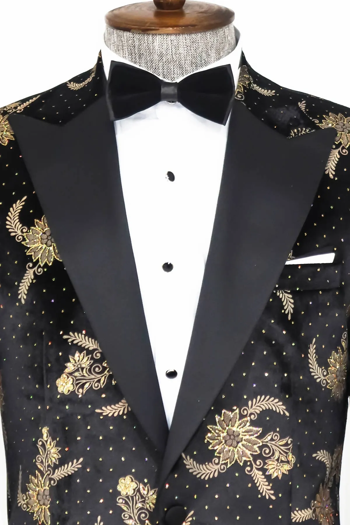 Dot Floral Patterned Velvet Black Men Stage Tuxedo Blazer - Wessi sold by Wessi product image thumbnail 2