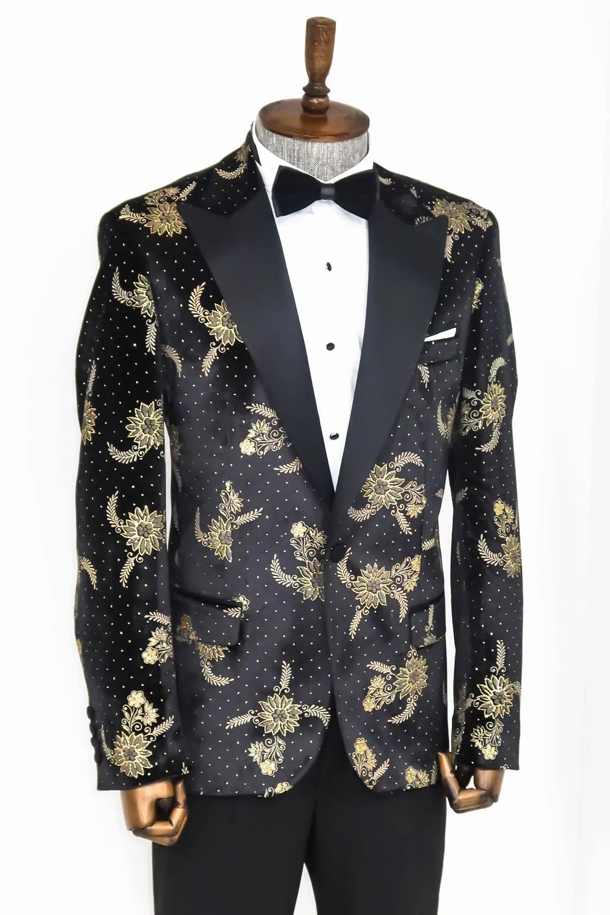 Dot Floral Patterned Velvet Black Men Stage Tuxedo Blazer - Wessi sold by Wessi product image thumbnail 4