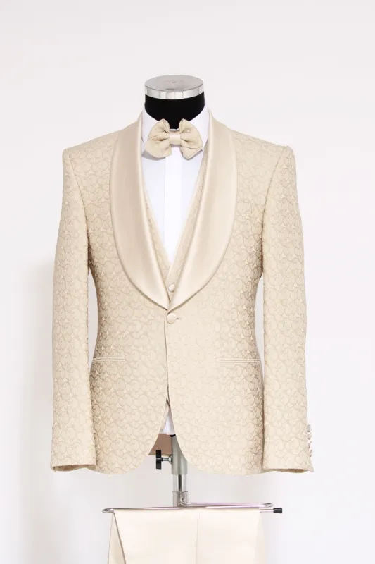 Brocade Double-Breasted Satin Lapel Ivory Men's Tuxedo with Bow Tie - Wessi sold by Wessi