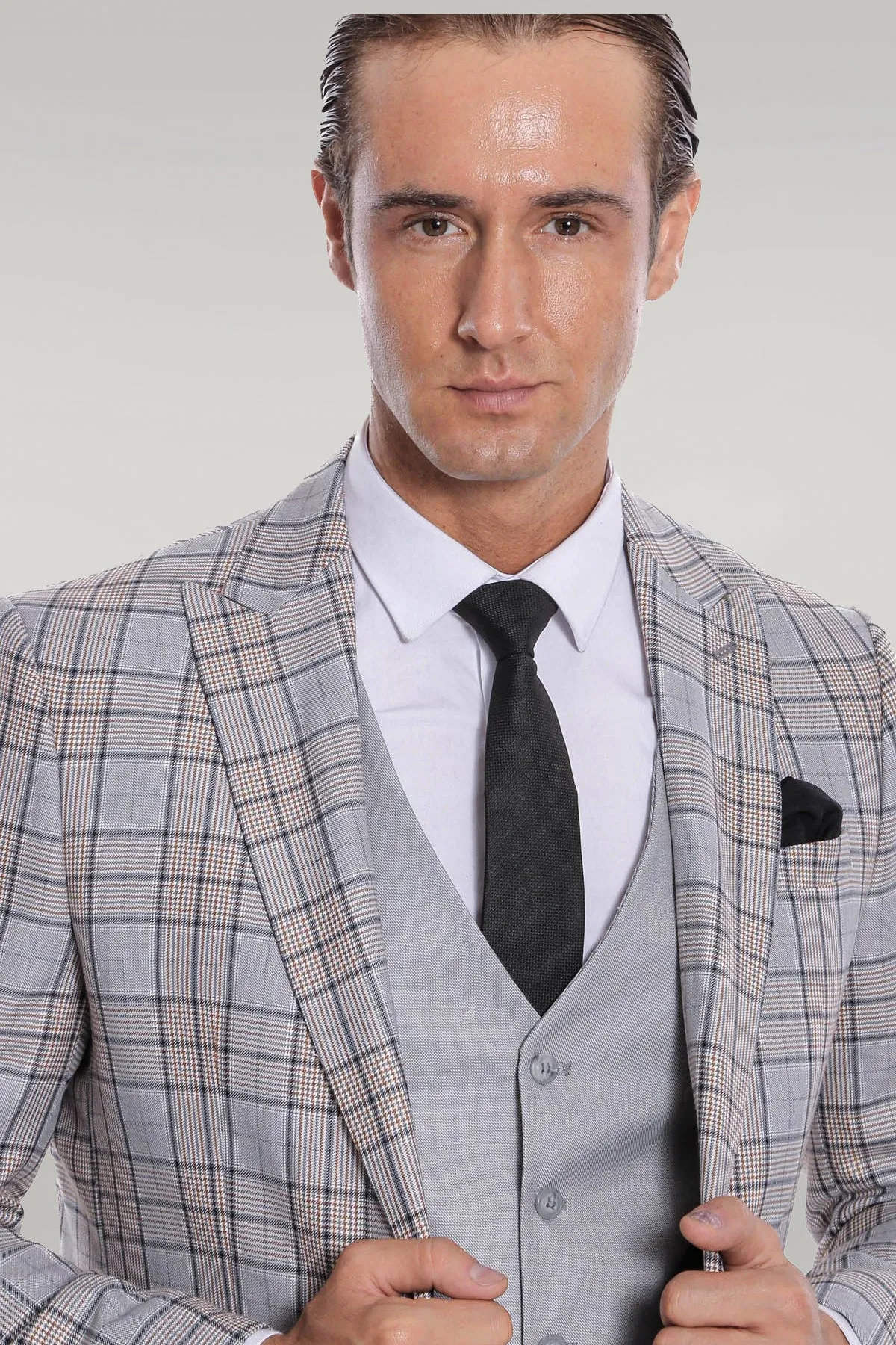 Checked Slim Fit Light Grey Men Suit - Wessi sold by Wessi product image thumbnail 3