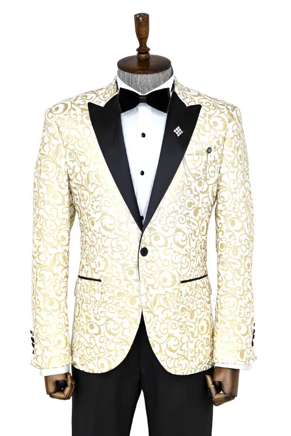 Gold Scroll Patterned Over White Men Wedding Tuxedo Jacket - Wessi sold by Wessi product image thumbnail 3