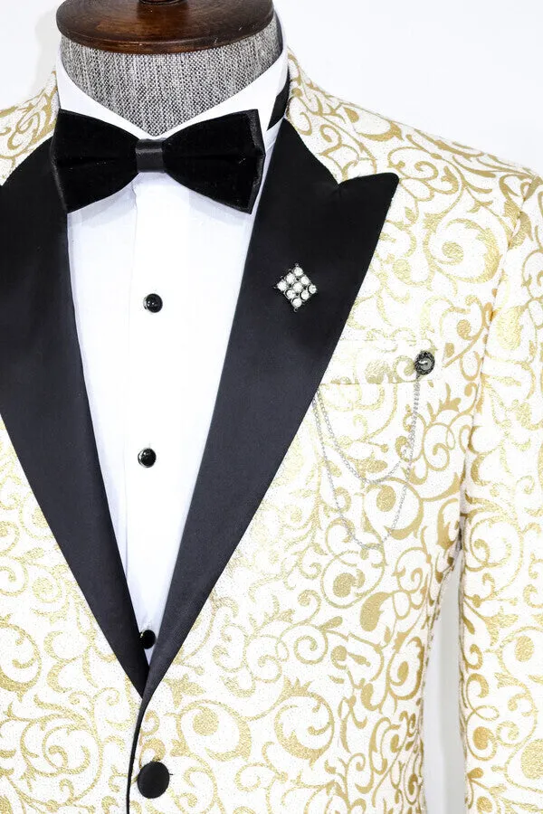 Gold Scroll Patterned Over White Men Wedding Tuxedo Jacket - Wessi sold by Wessi product image thumbnail 2