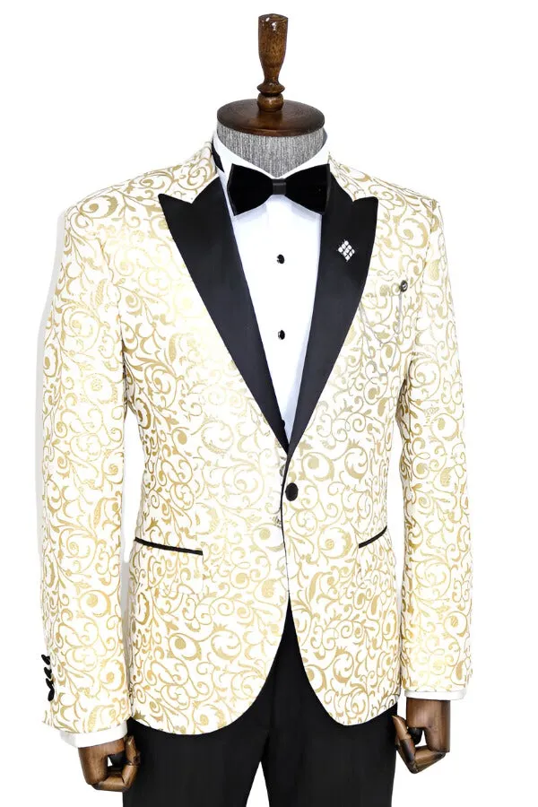 Gold Scroll Patterned Over White Men Wedding Tuxedo Jacket - Wessi sold by Wessi product image thumbnail 4