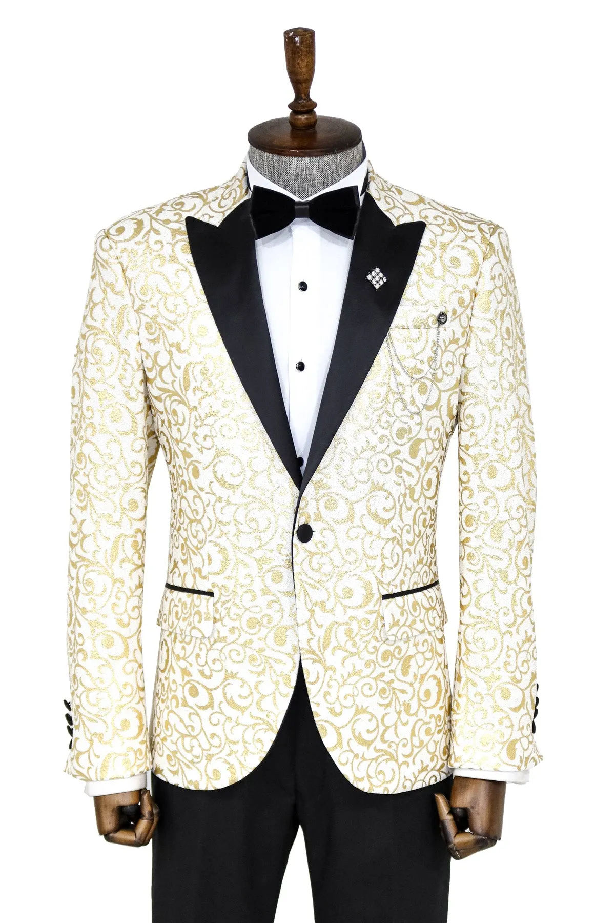 Gold Scroll Patterned Over White Men Wedding Tuxedo Jacket - Wessi sold by Wessi