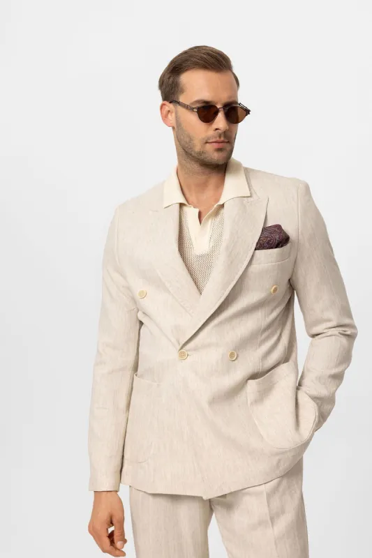 Men's Ecru-White Linen Blend Double-Breasted Jacket - Wessi sold by Wessi