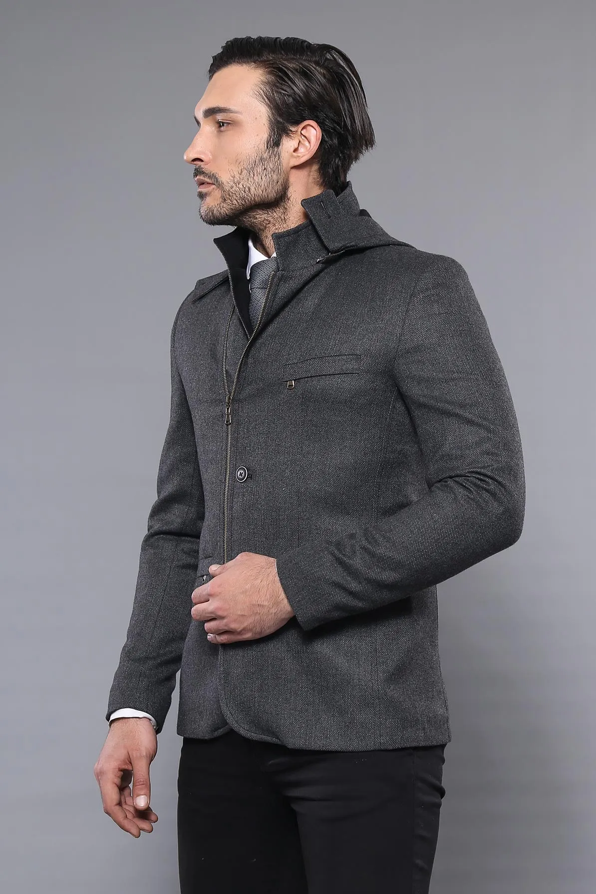 3 Pockets Hooded Zippered Wool Grey Men Short Coat-Wessi sold by Wessi product image thumbnail 3