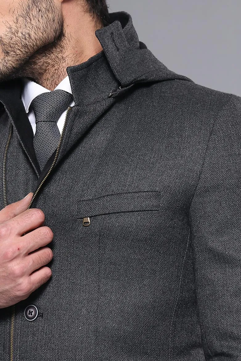 3 Pockets Hooded Zippered Wool Grey Men Short Coat-Wessi sold by Wessi product image thumbnail 2