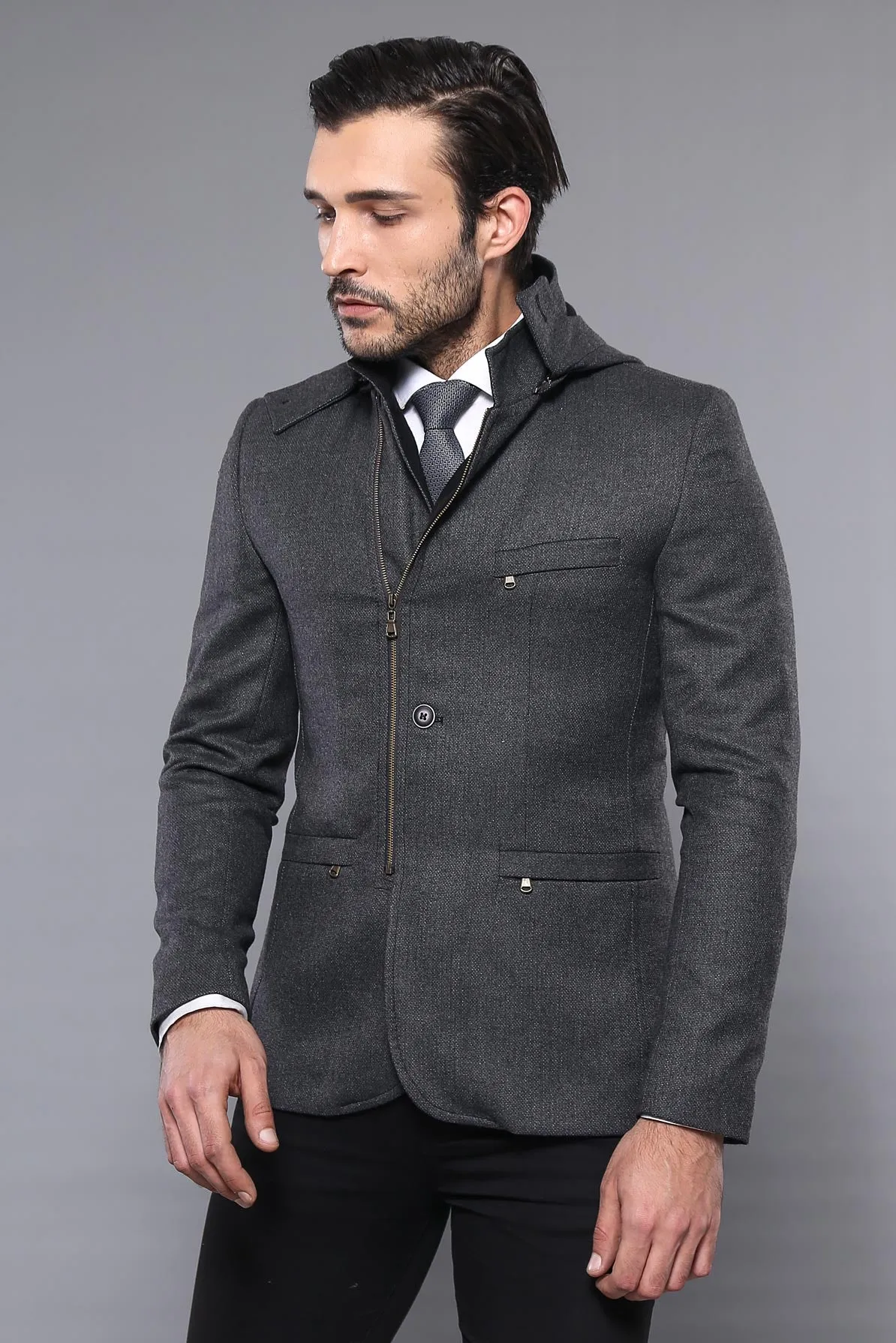3 Pockets Hooded Zippered Wool Grey Men Short Coat-Wessi sold by Wessi