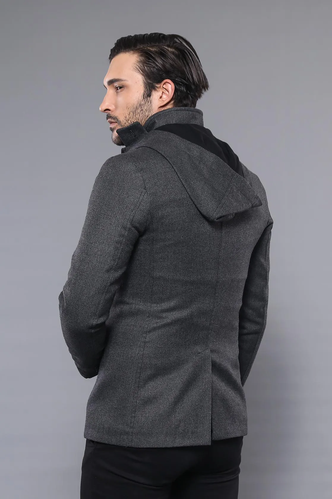 3 Pockets Hooded Zippered Wool Grey Men Short Coat-Wessi sold by Wessi product image thumbnail 4