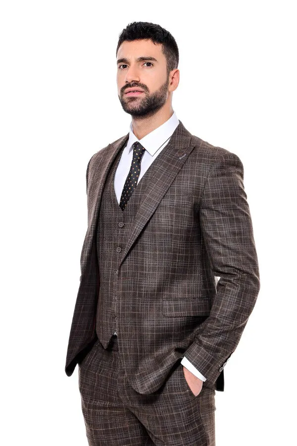 Patterned Vested Brown Slim-Fit Men’s Suit - Wessi sold by Wessi