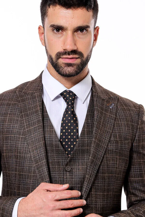 Patterned Vested Brown Slim-Fit Men’s Suit - Wessi sold by Wessi product image thumbnail 2