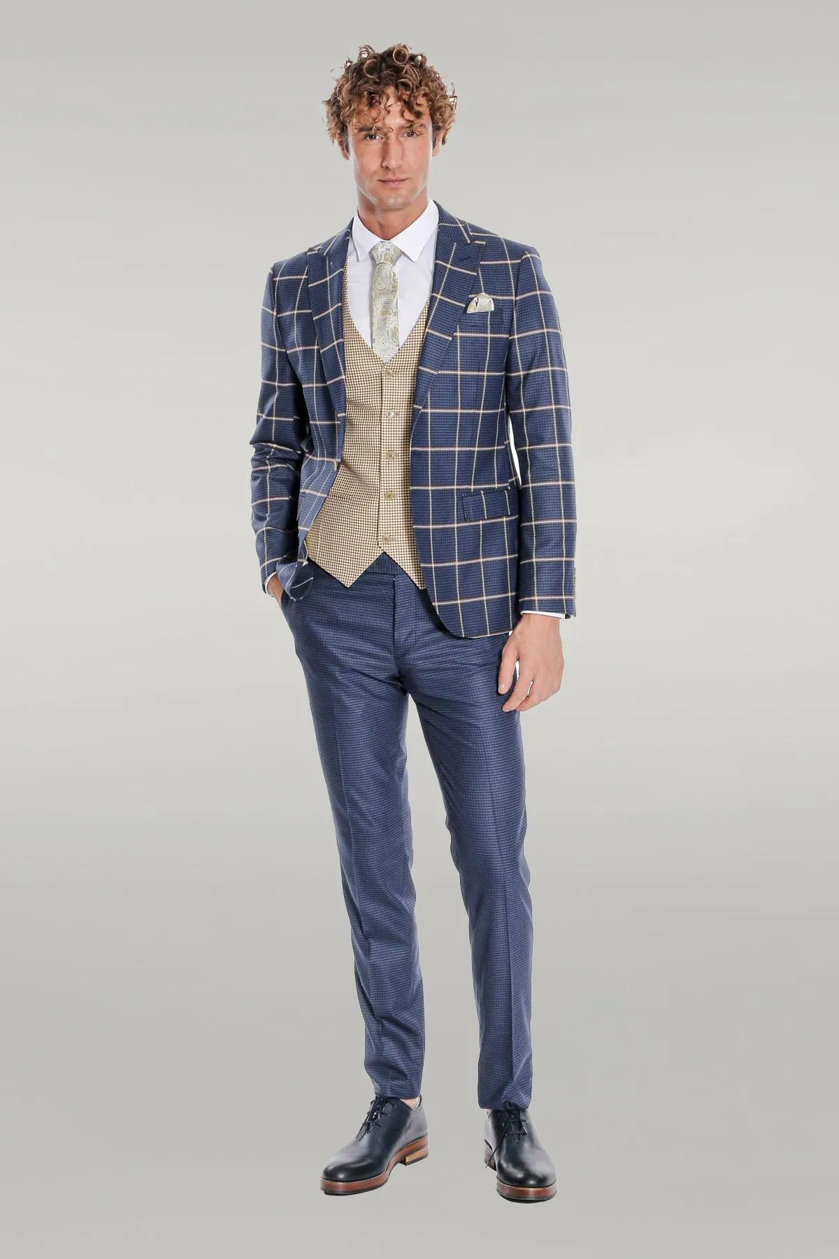 Checked Patterned Slim Fit Navy Blue Men Suit - Wessi sold by Wessi product image thumbnail 2