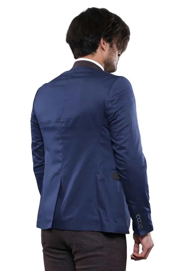 Single Button Standing Collar Navy Blue Men Blazer - Wessi sold by Wessi product image thumbnail 3