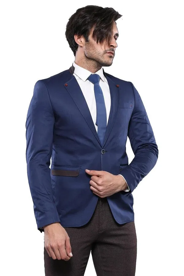 Single Button Standing Collar Navy Blue Men Blazer - Wessi sold by Wessi