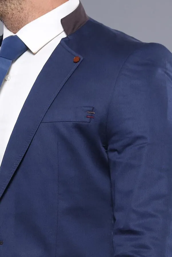 Single Button Standing Collar Navy Blue Men Blazer - Wessi sold by Wessi product image thumbnail 2