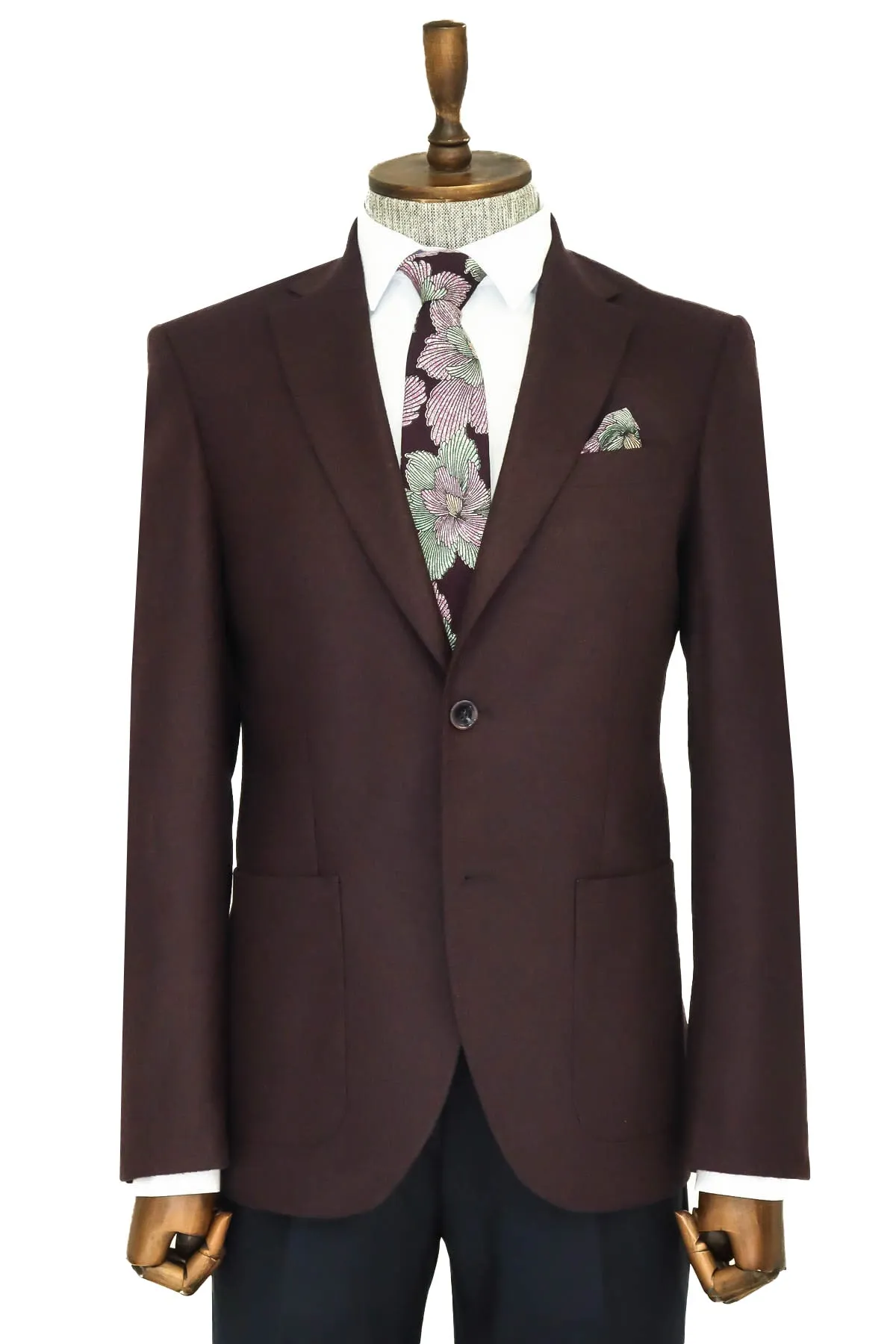 Slim Fit Plain Wide Lapel Burgundy Men Wool Blazer - Wessi sold by Wessi