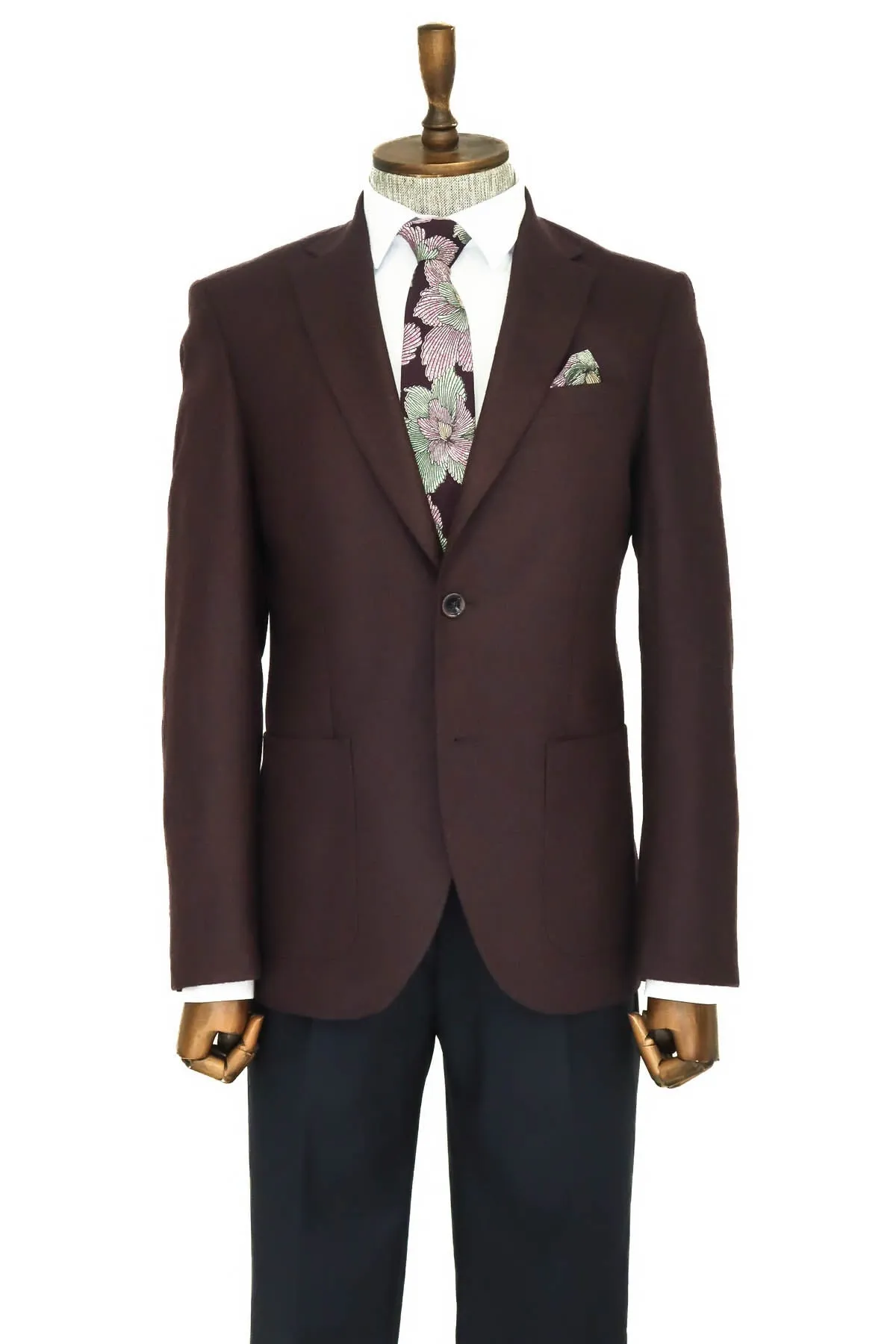 Slim Fit Plain Wide Lapel Burgundy Men Wool Blazer - Wessi sold by Wessi product image thumbnail 3