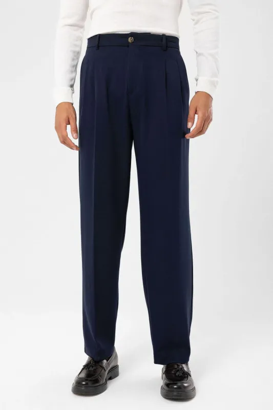 Men's Dark Navy Blue High-Waisted Relaxed Fit Pleated  Pants - Wessi sold by Wessi