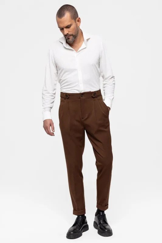Light Brown High Waist (Boyfriend) Pleated Fabric Trousers - Wessi sold by Wessi