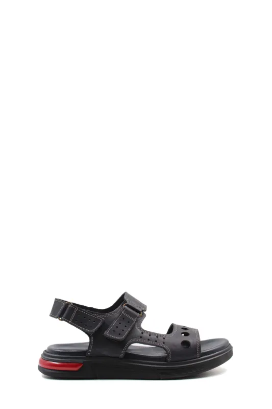 Men's Black Leather Sandals with Perforated Straps and Air Cushion Heel - Wessi sold by Wessi
