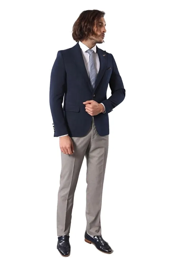 Single Button Pointed Collar Navy Blue Blazer - Wessi sold by Wessi product image thumbnail 3