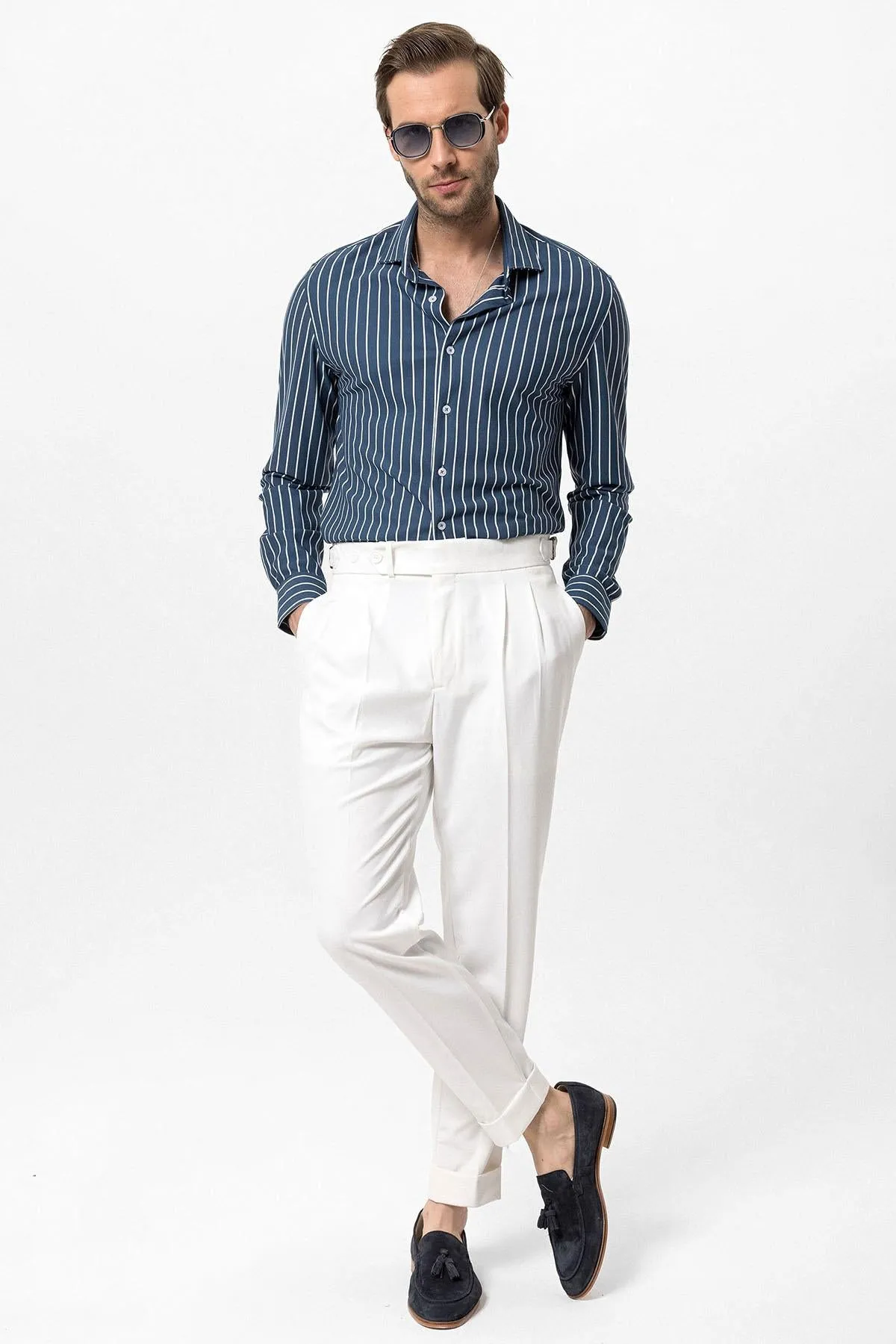 Men's Ecru High Waist Pleated Carrot Fit Trousers - Wessi sold by Wessi product image thumbnail 3