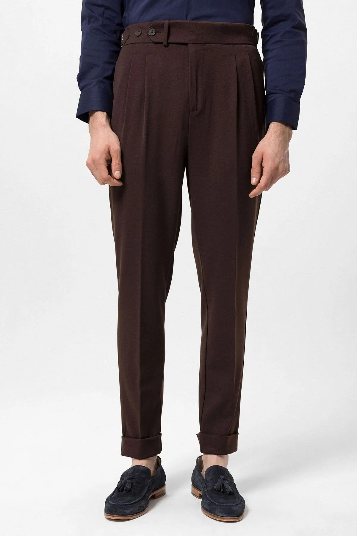 Brown High Waist Pleated Carrot Fit Men's Trousers - Wessi sold by Wessi product image thumbnail 2