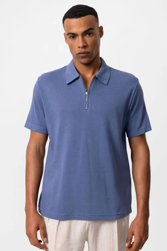 Men's Indigo Polo Collar Zippered T-Shirt - Wessi sold by Wessi
