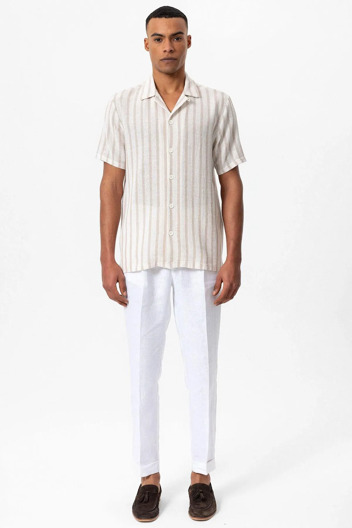 Men's Beige Camp Collar Knit Short-Sleeve Shirt - Wessi sold by Wessi product image thumbnail 4