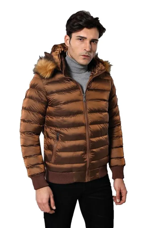 Fur Hooded Men's Puffer Coat in Tan | Wessi sold by Wessi