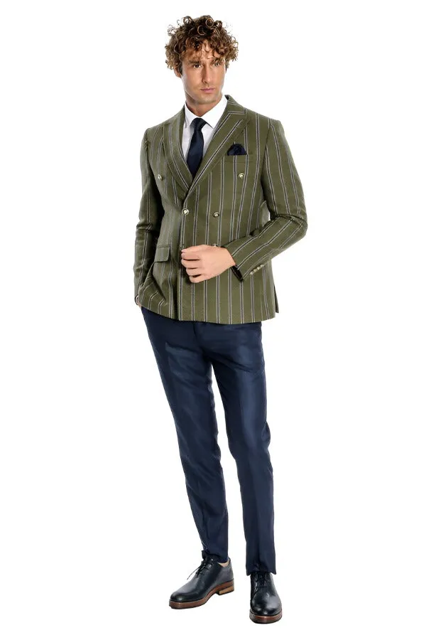 Wide Lapel Striped Double Breasted Green Men Blazer - Wessi sold by Wessi product image thumbnail 2