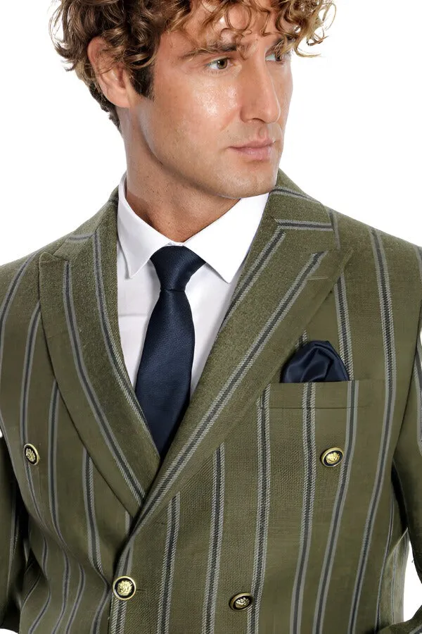 Wide Lapel Striped Double Breasted Green Men Blazer - Wessi sold by Wessi product image thumbnail 3