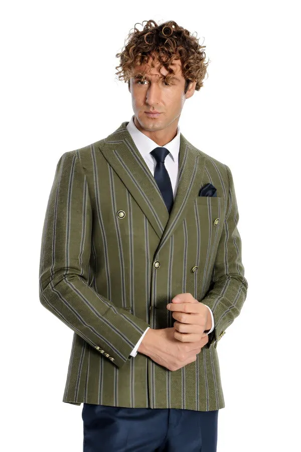 Wide Lapel Striped Double Breasted Green Men Blazer - Wessi sold by Wessi product image thumbnail 5