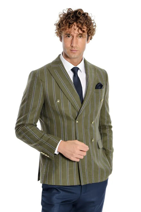 Wide Lapel Striped Double Breasted Green Men Blazer - Wessi sold by Wessi