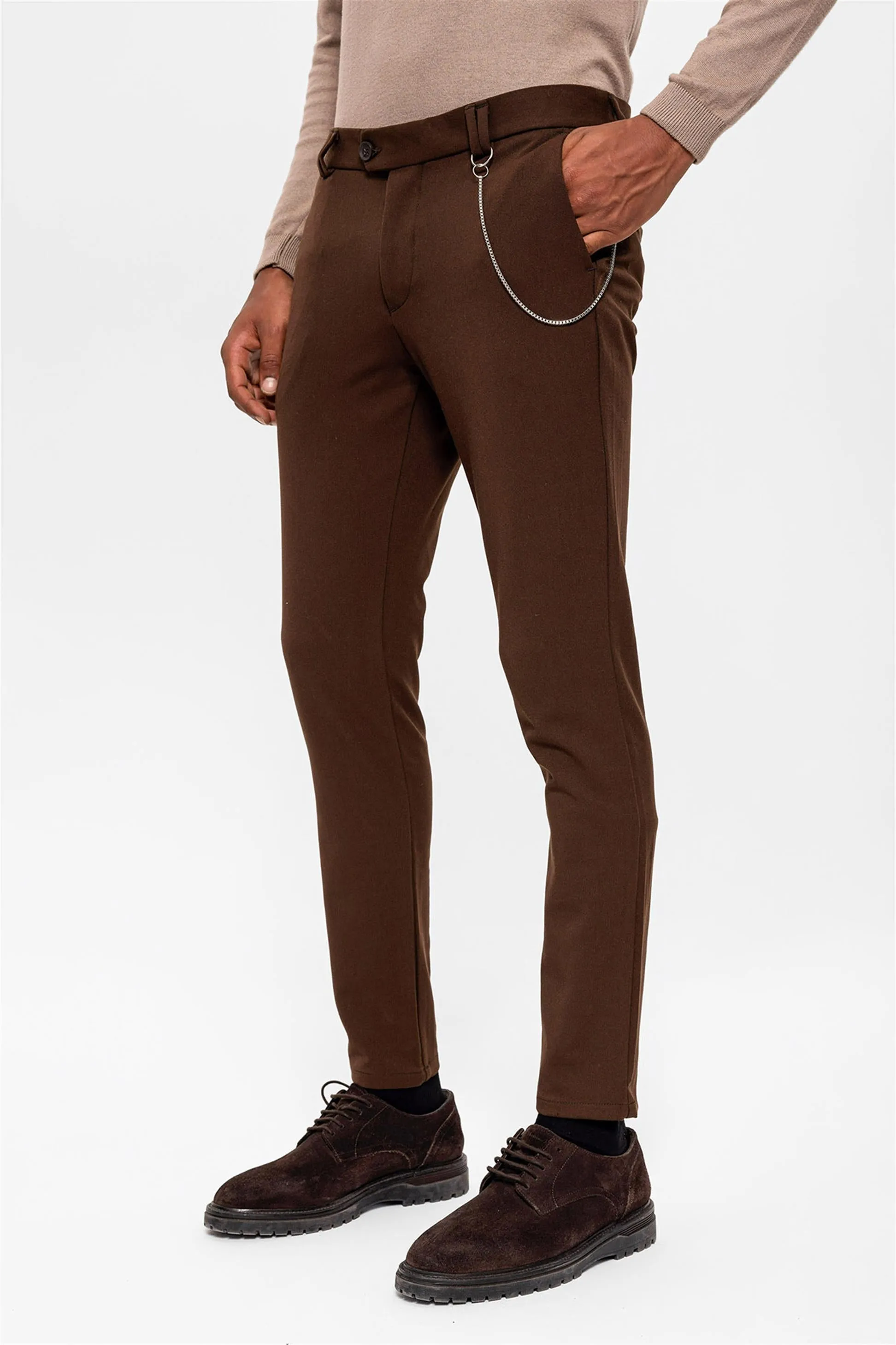Men's Dark Brown Slim Fit Straight Accessory Fabric Trousers - Wessi sold by Wessi product image thumbnail 4