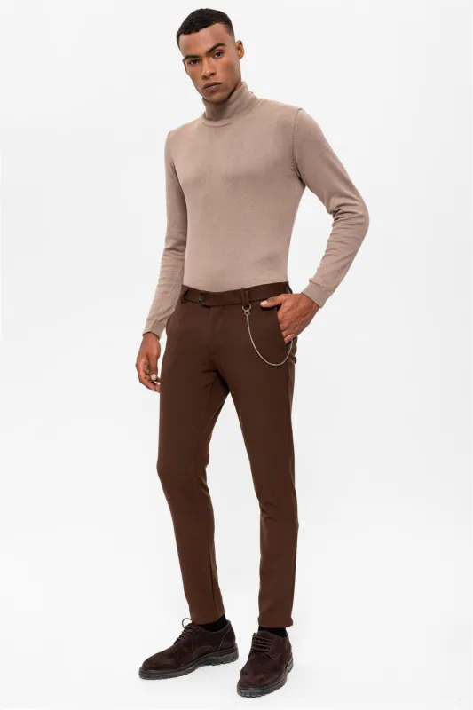 Men's Dark Brown Slim Fit Straight Accessory Fabric Trousers - Wessi sold by Wessi