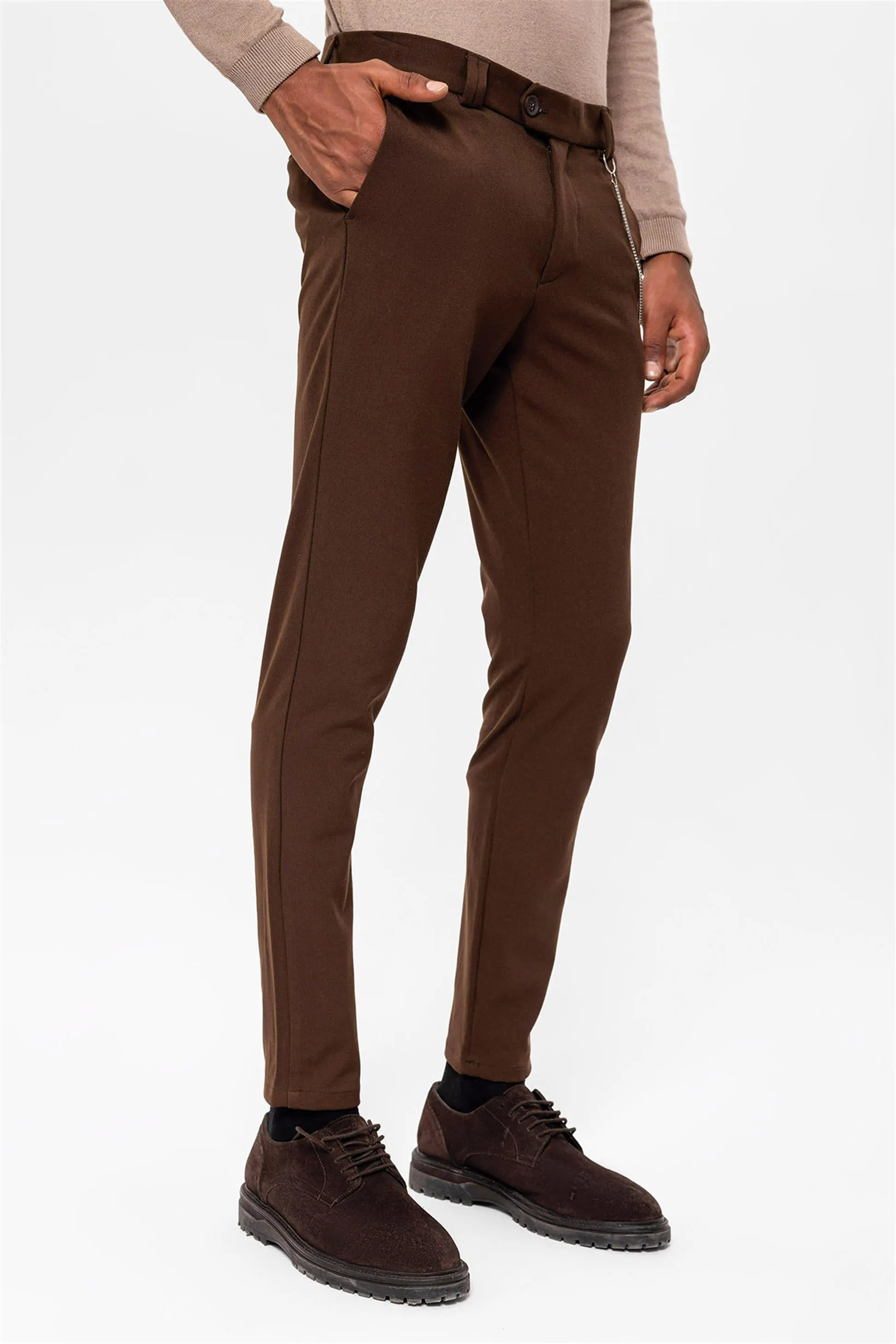 Men's Dark Brown Slim Fit Straight Accessory Fabric Trousers - Wessi sold by Wessi product image thumbnail 2