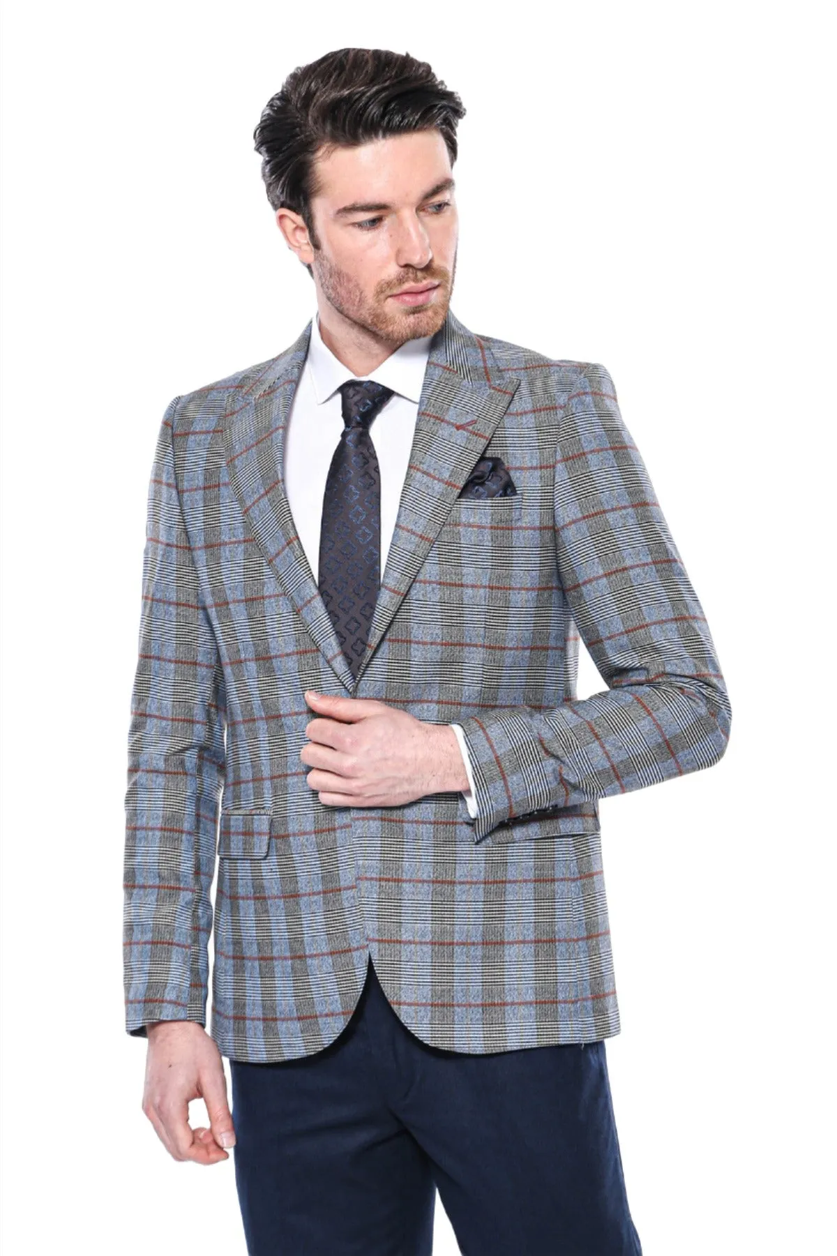 Checked Single Button Navy Blue Men Blazer - Wessi sold by Wessi