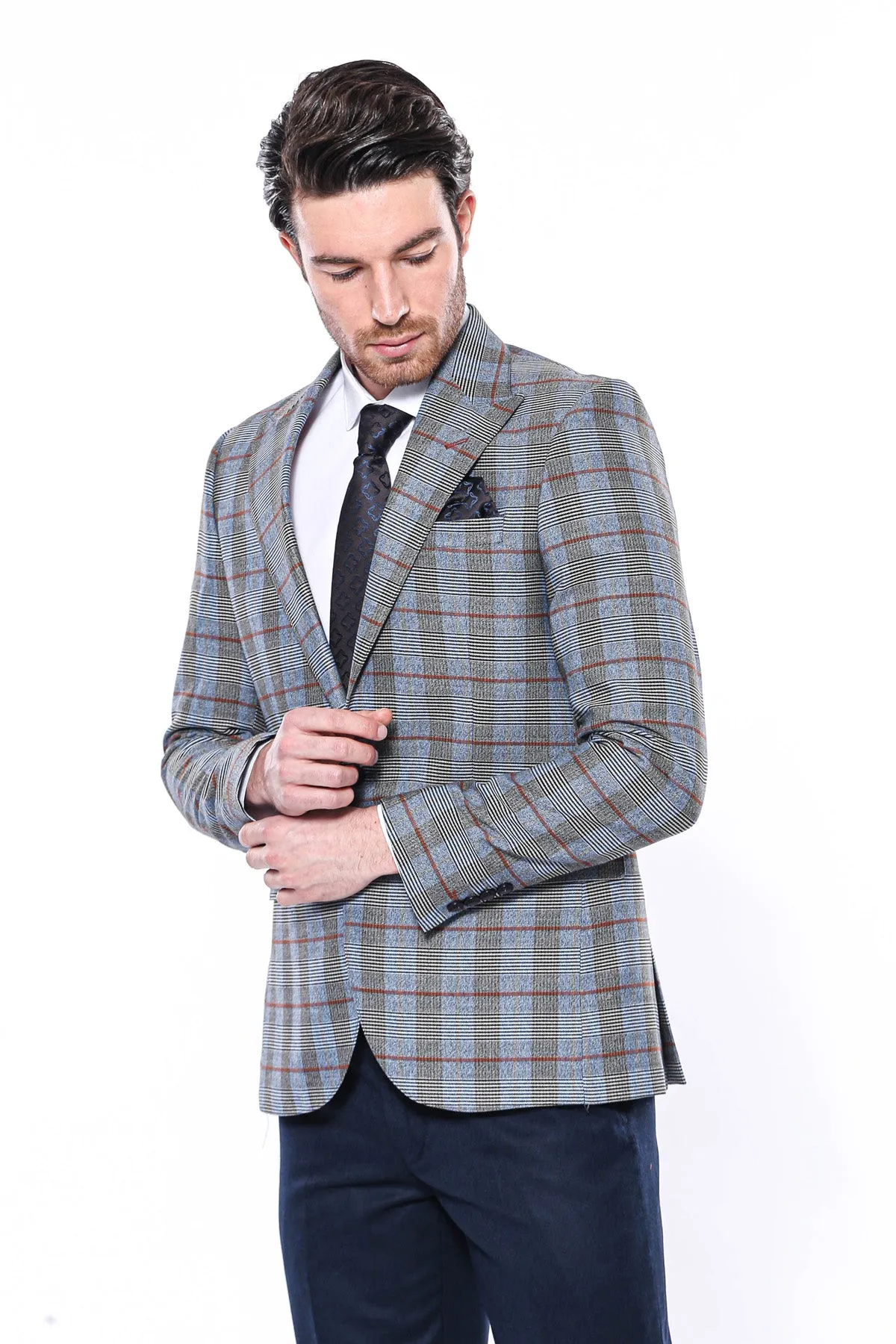 Checked Single Button Navy Blue Men Blazer - Wessi sold by Wessi product image thumbnail 5