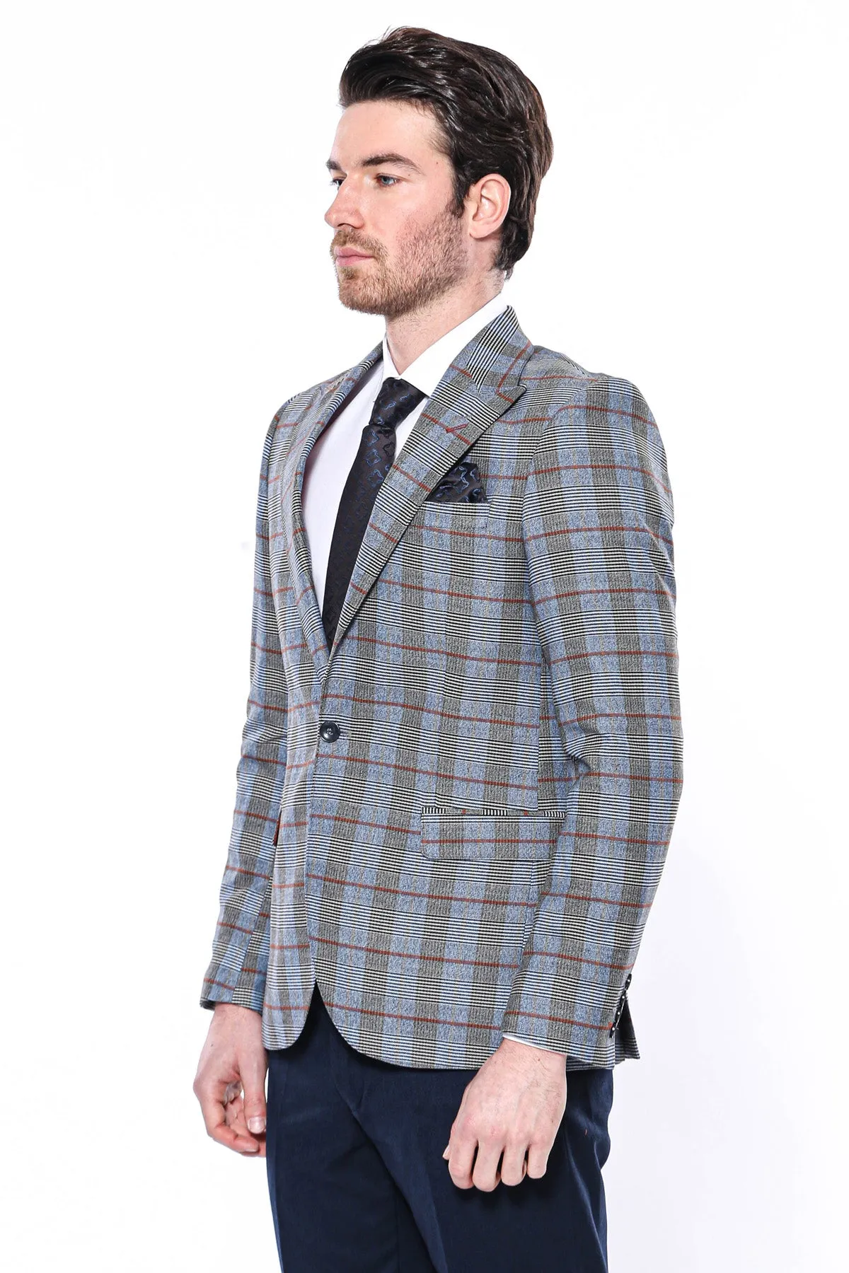 Checked Single Button Navy Blue Men Blazer - Wessi sold by Wessi product image thumbnail 3