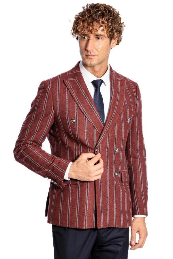 Wide Lapel Striped Double Breasted Burgundy Men Blazer - Wessi sold by Wessi product image thumbnail 4