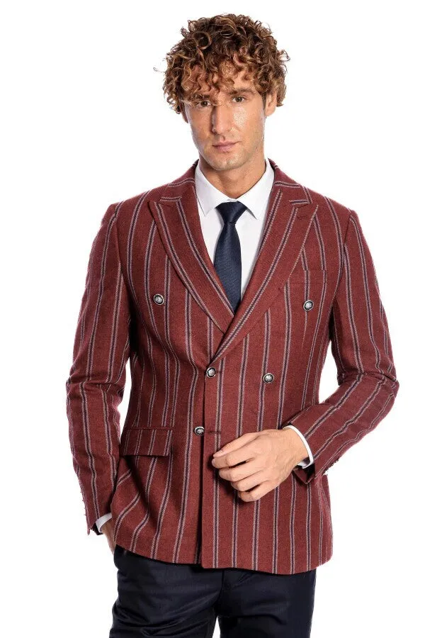 Wide Lapel Striped Double Breasted Burgundy Men Blazer - Wessi sold by Wessi