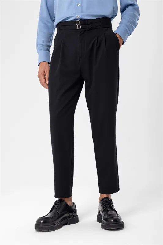 Men's Black High Waist Buckle Belt Pleated Fabric Trousers - Wessi sold by Wessi
